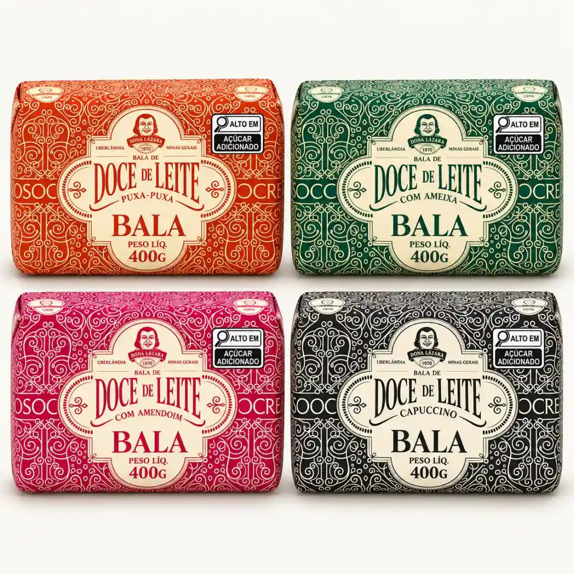 Kit com 4 sabores de bala de doce de leite Dona Lázara 400g: puxa-puxa, com ameixa, com amendoim e capuccino