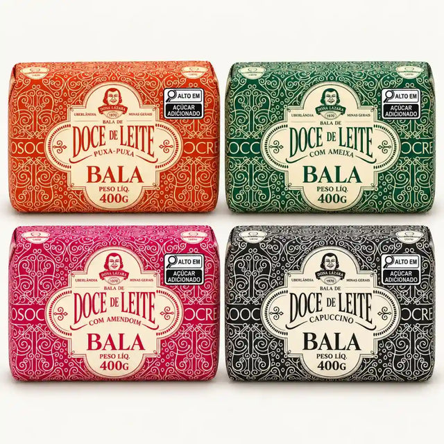Kit com 4 sabores de bala de doce de leite Dona Lázara 400g: puxa-puxa, com ameixa, com amendoim e capuccino