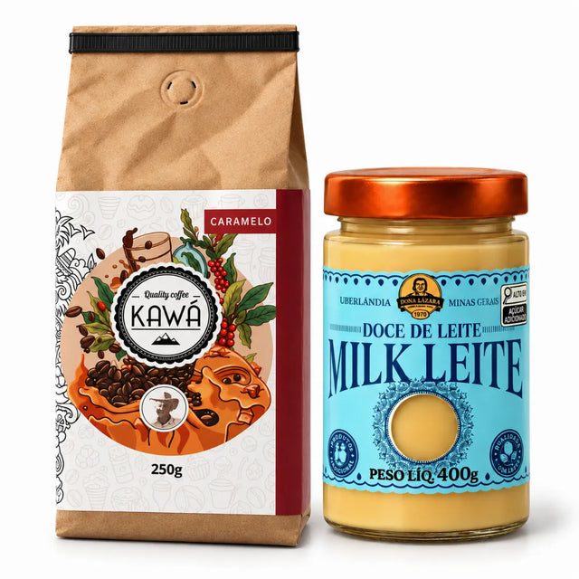 Kit café com leite: café especial Kawá Caramelo 250g e doce de leite Milk Leite Dona Lázara no vidro 400g