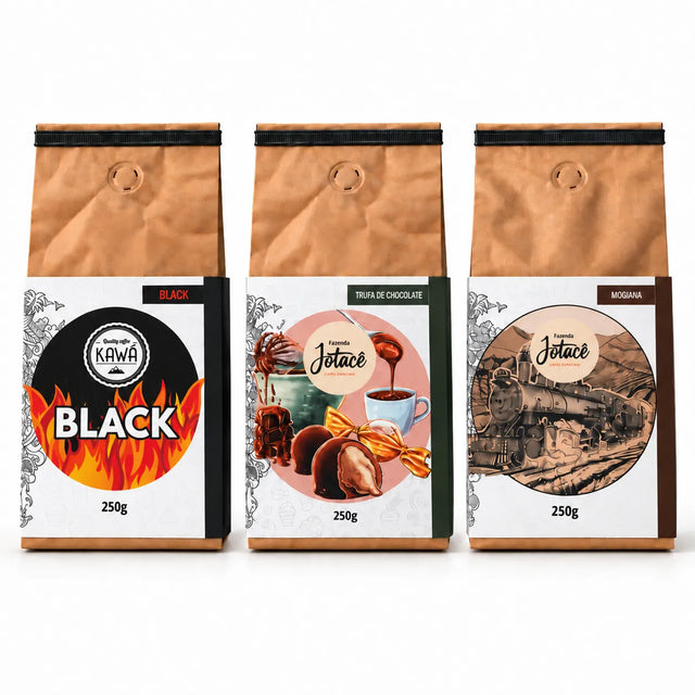 Kit cafés intensos 250g: Kawá Black, Fazenda Jotacê Trufa de Chocolate e Mogiana em embalagens kraft