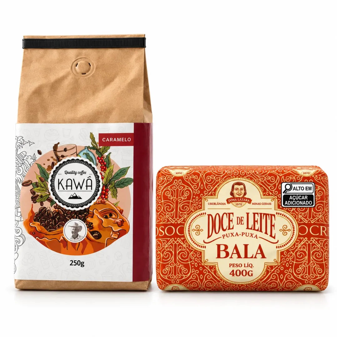 Kit café especial Kawá Caramelo 250g com bala de doce de leite puxa-puxa Dona Lázara 400g