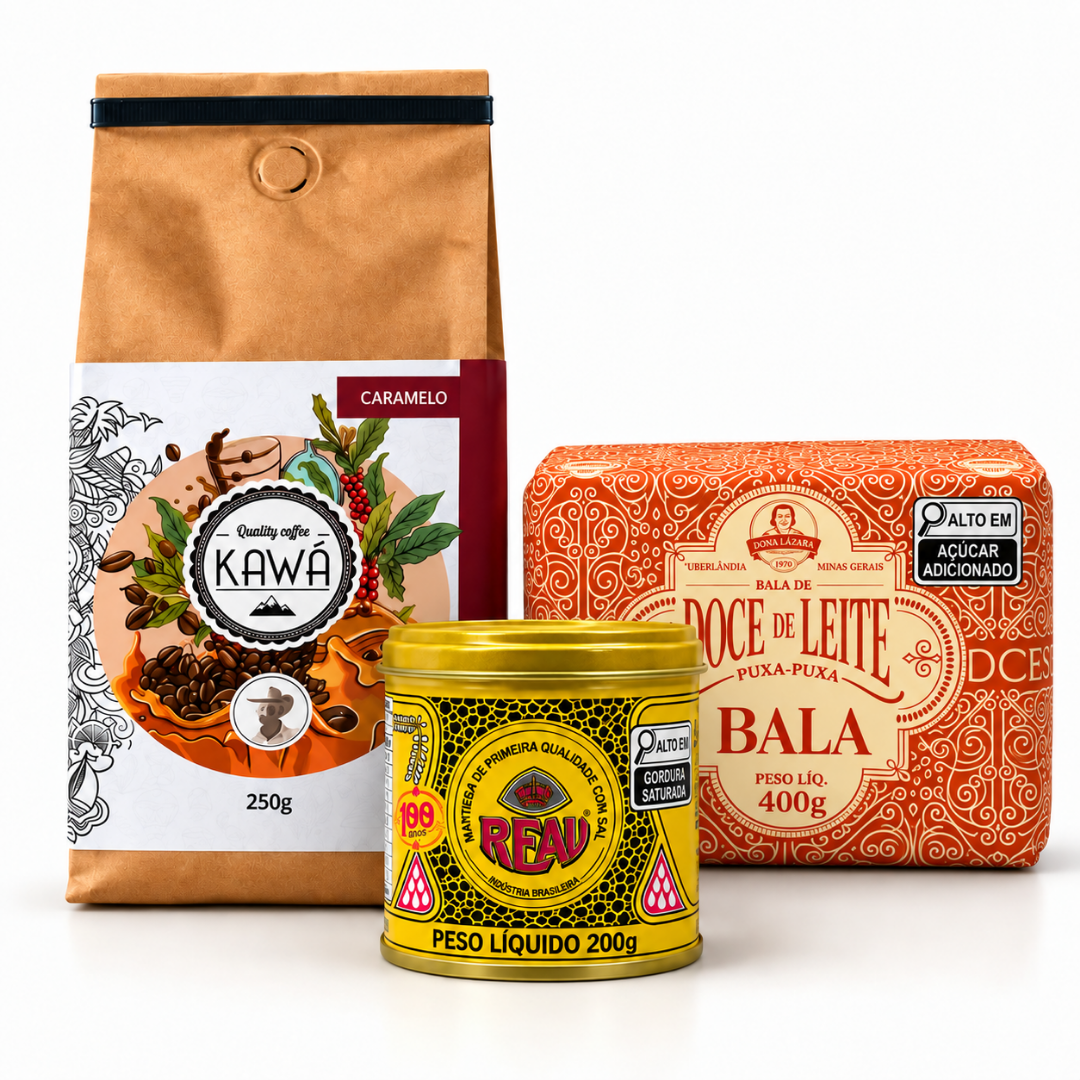 Kit café da manhã mineiro: café especial Kawá Caramelo 250g, manteiga Real com sal 200g e bala de doce de leite puxa-puxa Dona Lázara 400g