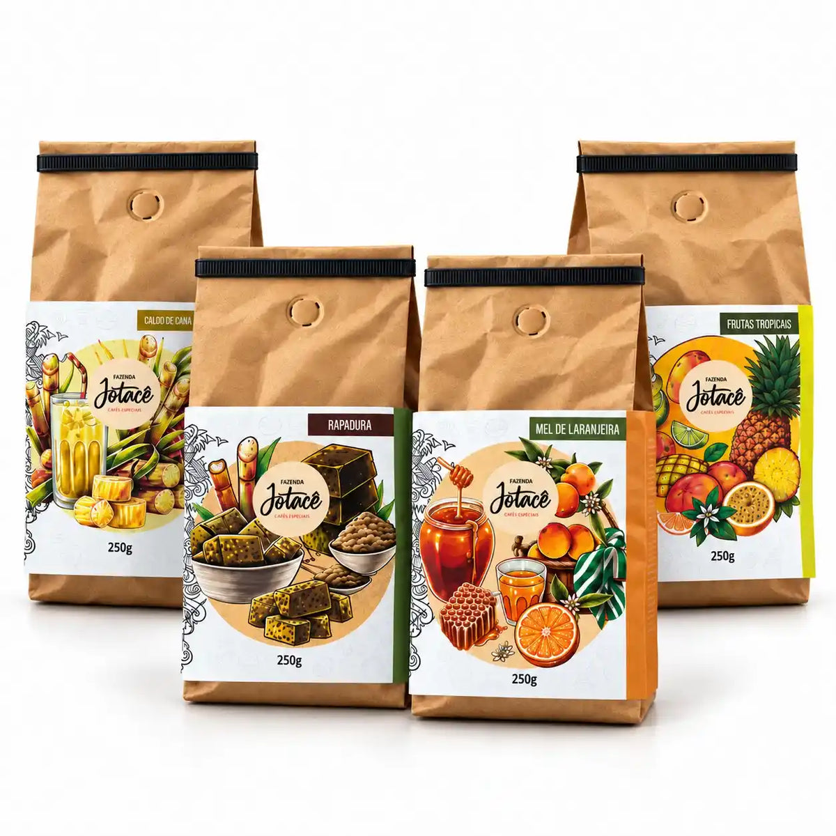 Kit com 4 cafés especiais de microlote Fazenda Jotacê 250g: Caldo de Cana, Rapadura, Mel de Laranjeira e Frutas Tropicais