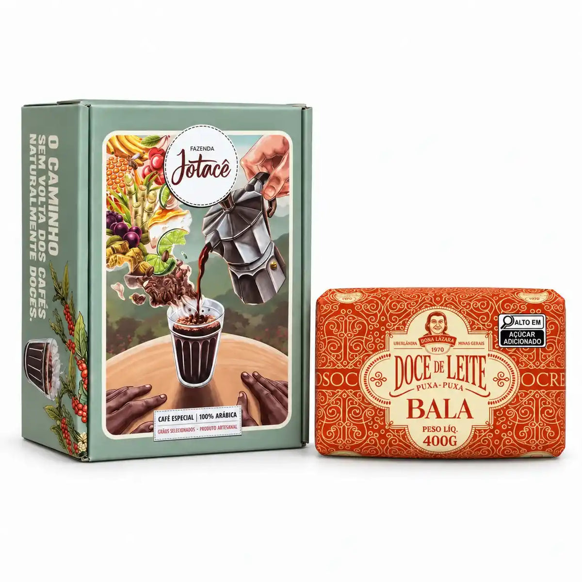 Kit Origens: caixa de café especial 100% arábica Fazenda Jotacê com bala de doce de leite puxa-puxa Dona Lázara 400g