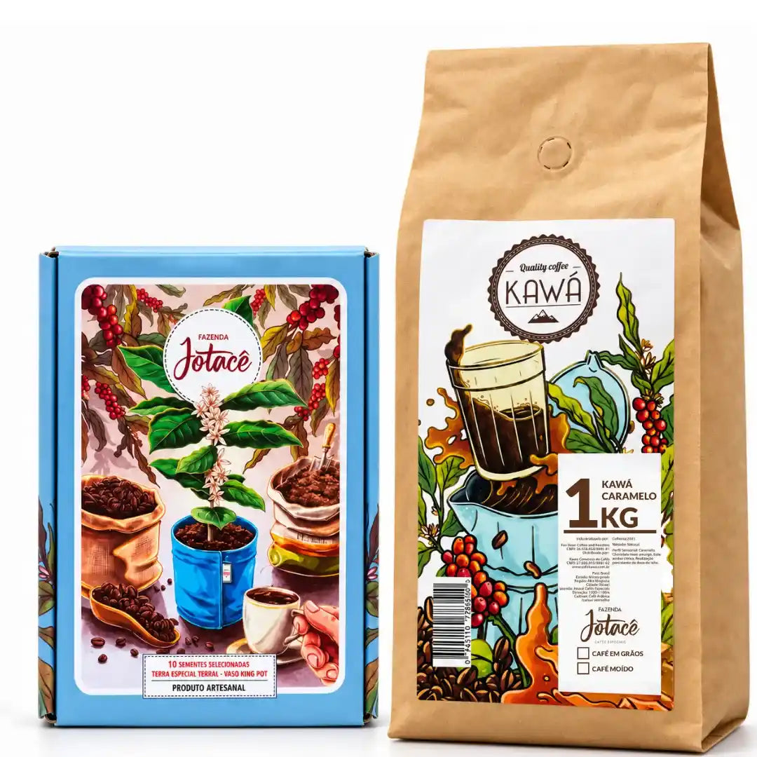 Kit Raízes Fazenda Jotacê: caixa de cultivo com sementes de café, terra Terral e vaso King Pot, acompanhada de café especial Kawá Caramelo 250g