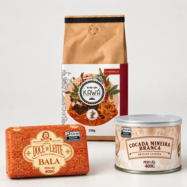 Kit doce com café: café especial Kawá Caramelo 250g, bala de doce de leite puxa-puxa 400g e cocada mineira branca 400g
