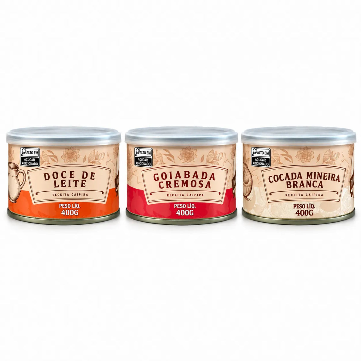 Kit Latas da Roça com 3 doces caipiras 400g: doce de leite, goiabada cremosa e cocada mineira branca