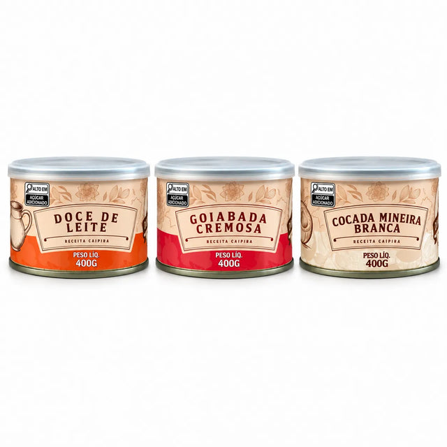 Kit Latas da Roça com 3 doces caipiras 400g: doce de leite, goiabada cremosa e cocada mineira branca