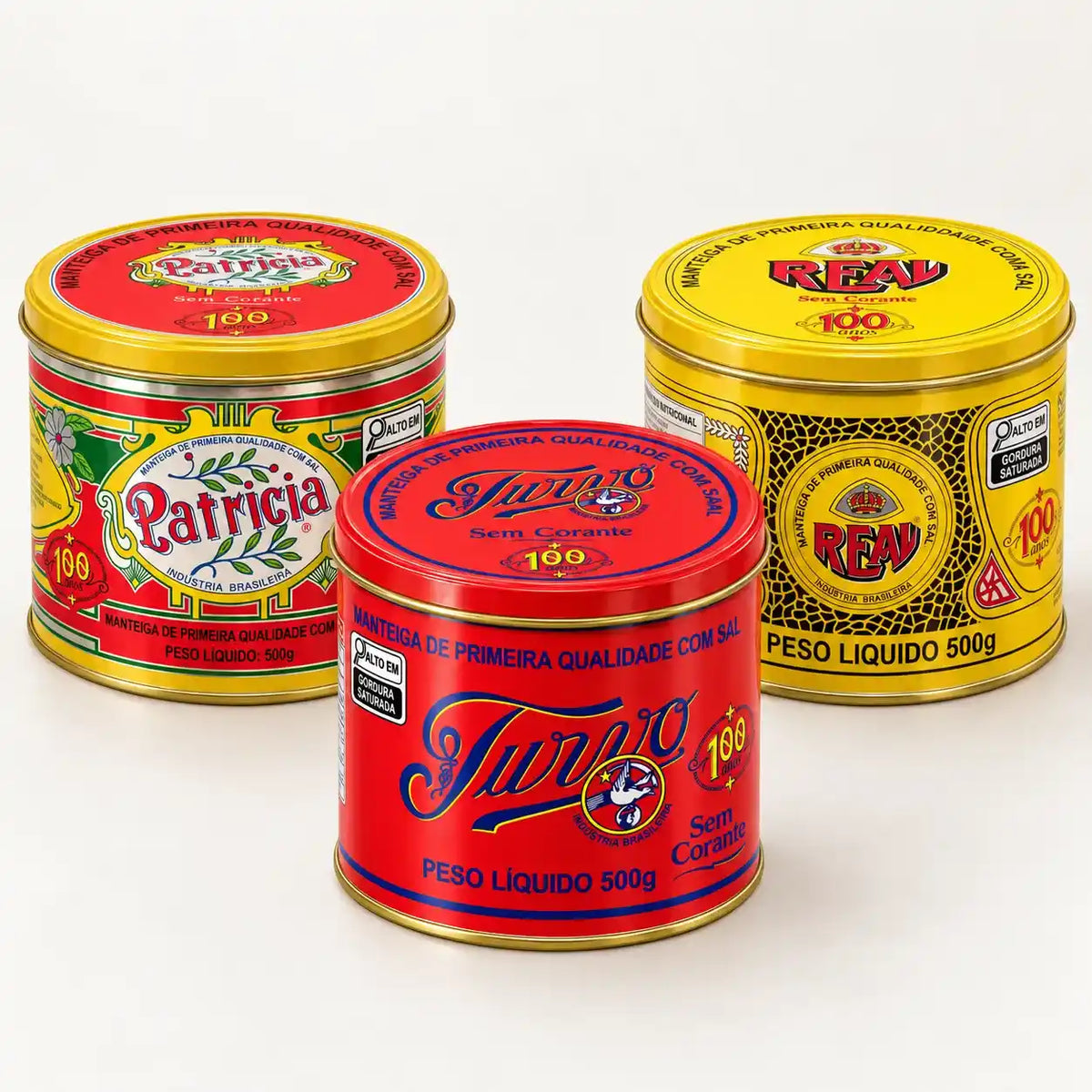 Kit com 3 latas de manteiga com sal 500g sem corante: Patrícia, Turvo e Real, edição 100 anos