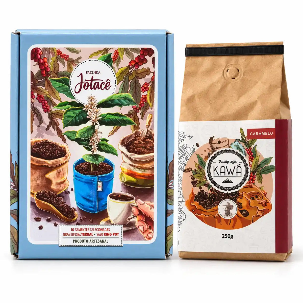 Kit Raízes: caixa para plantar pé de café com 10 sementes, terra especial e vaso, junto com café Kawá Caramelo 250g