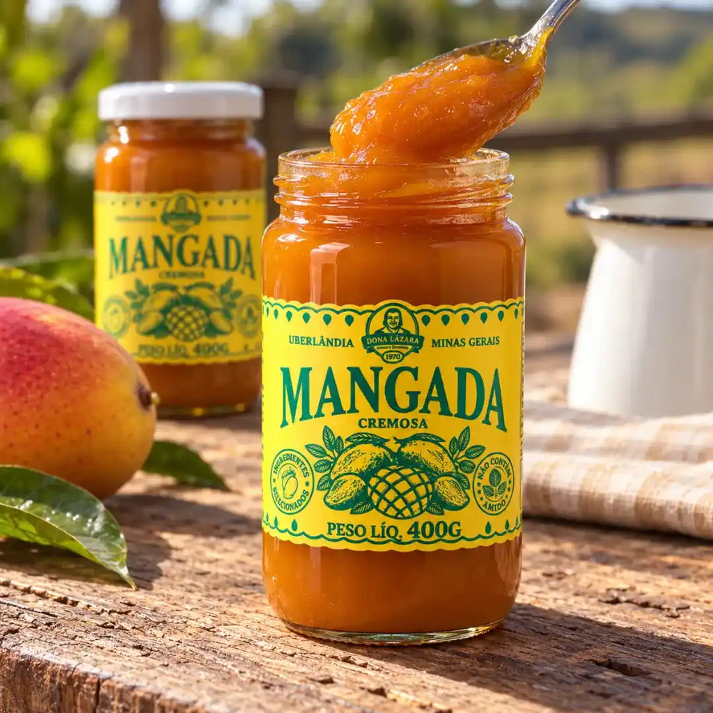 Colher erguendo doce de manga cremoso de um pote de vidro de Mangada Dona Lázara 400g, com outro pote, manga madura e jarra esmaltada sobre mesa de madeira ao sol.