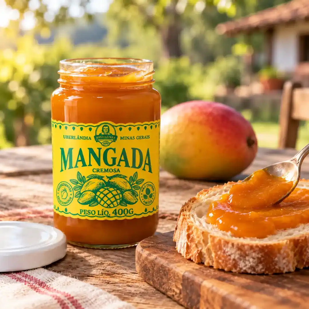 Mangada cremosa espalhada com colher numa fatia de pão caseiro sobre tábua, ao lado do pote de vidro aberto, da tampa branca e de uma manga madura.