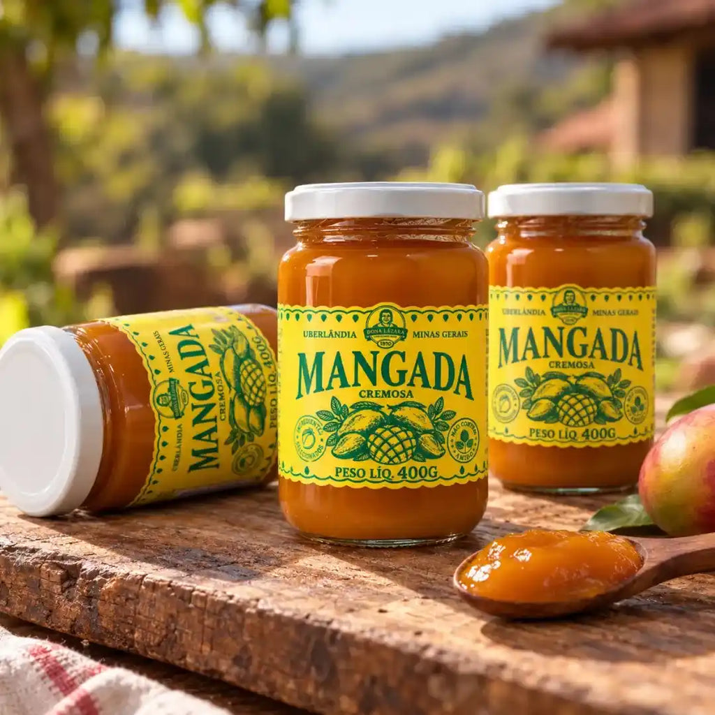 Potes de mangada cremosa, um deitado e dois em pé, com colher de pau cheia de doce de fruta e manga madura sobre tábua de madeira no quintal.