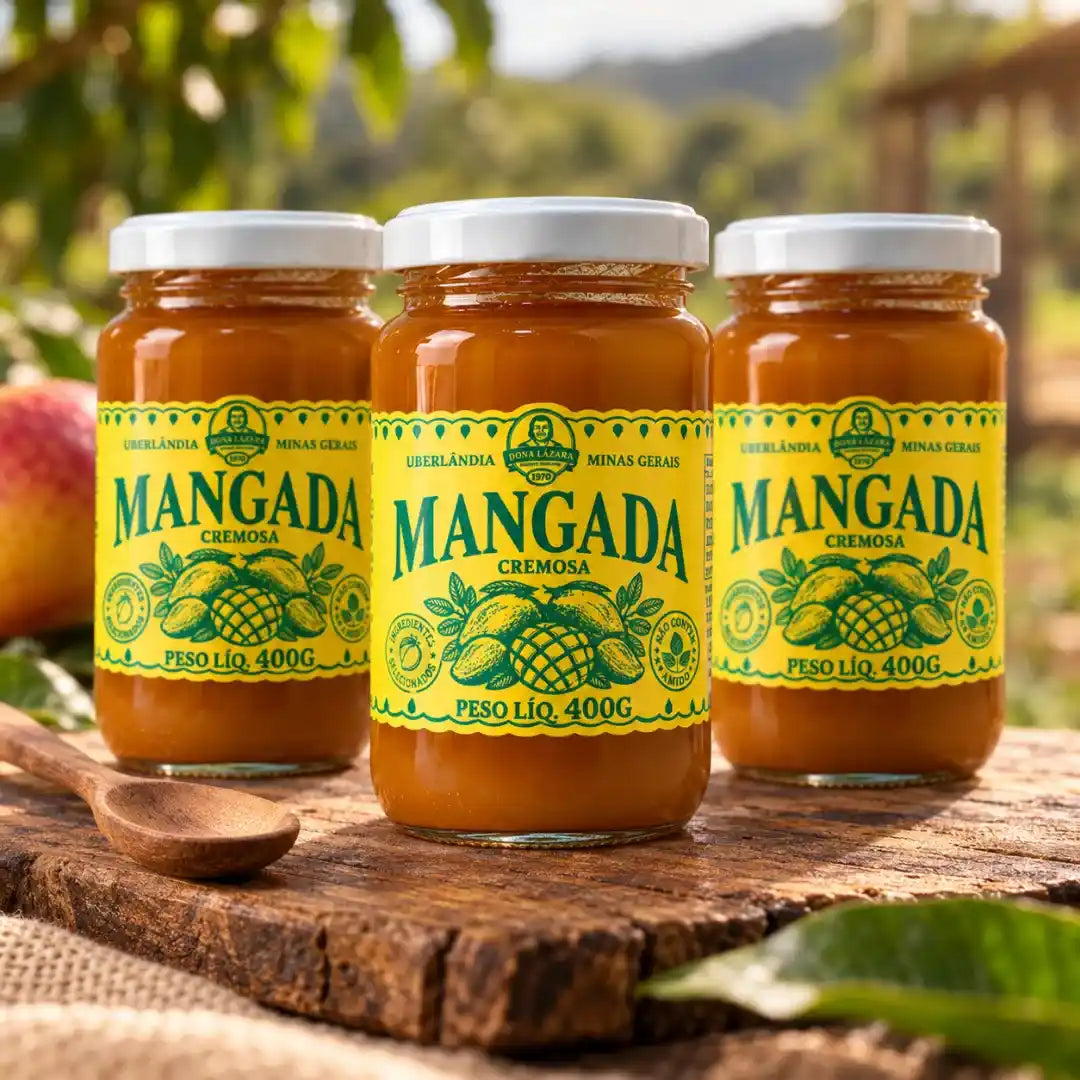 Três potes de vidro de Mangada Cremosa Dona Lázara 400g, doces mineiros de Uberlândia, lado a lado em tábua rústica com colher de pau e manga.