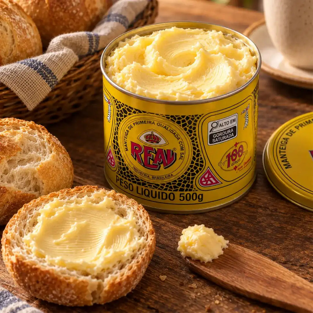 Lata aberta de Manteiga Real com a manteiga cremosa em destaque, pãozinho passado com manteiga e faca de madeira ao lado, sobre mesa rústica.