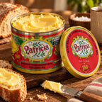 Lata aberta de Manteiga Patrícia com sal 500g com a manteiga cremosa, tampa vermelha com o selo "100 anos" apoiada ao lado, fatias de pão rústico passadas com manteiga e tigela de sal grosso sobre mesa de madeira.