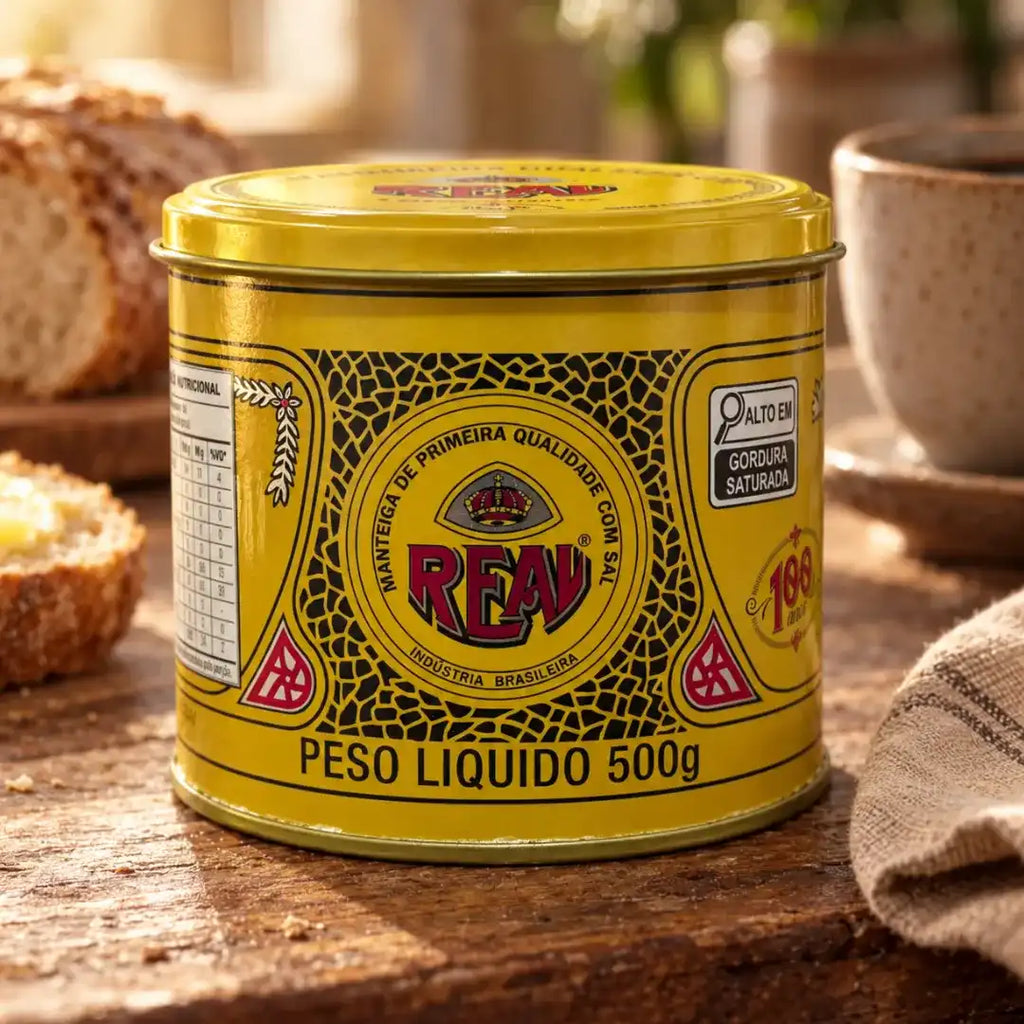 Lata de Manteiga Real de frente sobre madeira rústica, com a tabela nutricional e o selo "alto em gordura saturada" visíveis, pão passado com manteiga e café ao lado.