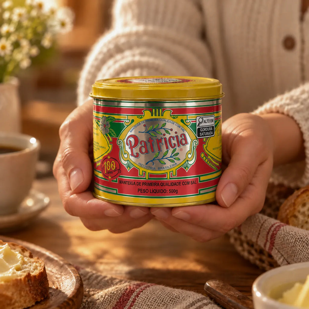 Mãos segurando a lata fechada de Manteiga Patrícia 500g sem corante à mesa do café da manhã, com xícara de café, pão passado com manteiga e flores ao fundo na luz da manhã.