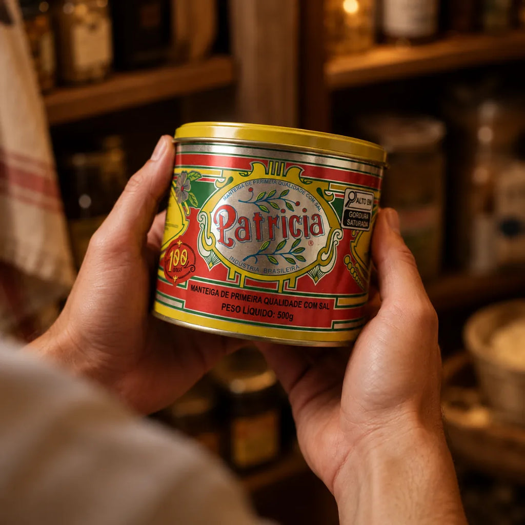 Mãos segurando a lata fechada de Manteiga Patrícia com sal 500g, com o rótulo vermelho e dourado em destaque, diante de uma despensa de madeira com potes e conservas ao fundo.