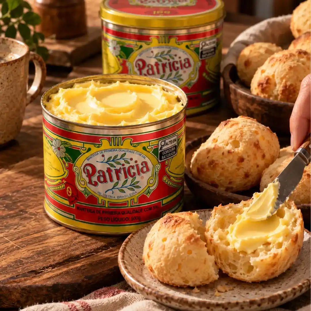 Manteiga Patrícia com sal 500g em duas latas, uma aberta com a manteiga cremosa, ao lado de pães de queijo sendo passados com manteiga em prato de cerâmica e um cesto de pão de queijo, com café ao fundo.