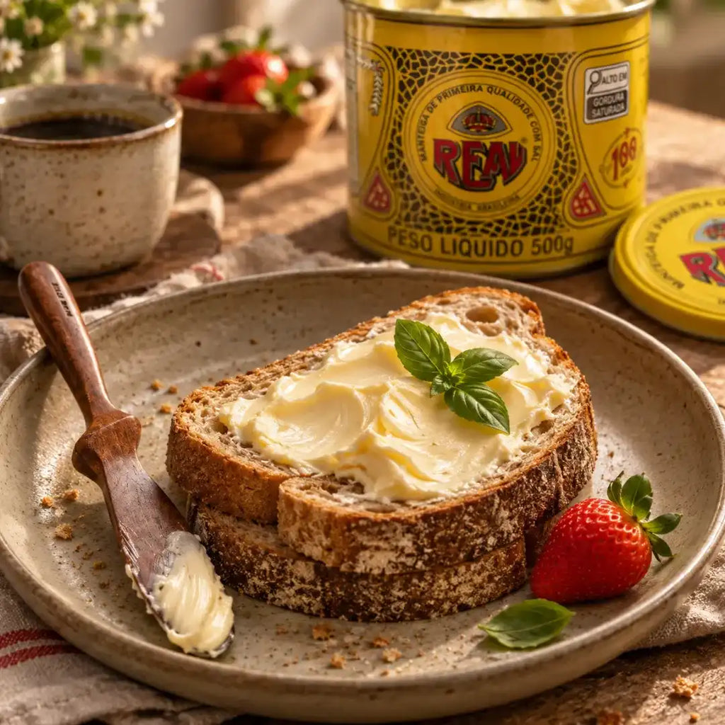 Fatia de pão integral passada com Manteiga Real com sal e folhas de manjericão, em prato de cerâmica com faca de madeira, morango e xícara de café, e a lata ao fundo.