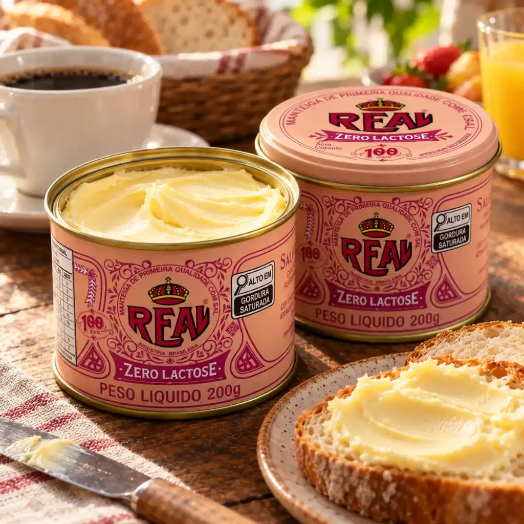 Duas latas de manteiga de Minas Real Zero Lactose, uma aberta com a manteiga cremosa à mostra e outra fechada com a tampa rosa, ao lado de café, suco e pão com manteiga.