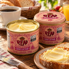 Duas latas de manteiga de Minas Real Zero Lactose, uma aberta com a manteiga cremosa à mostra e outra fechada com a tampa rosa, ao lado de café, suco e pão com manteiga.