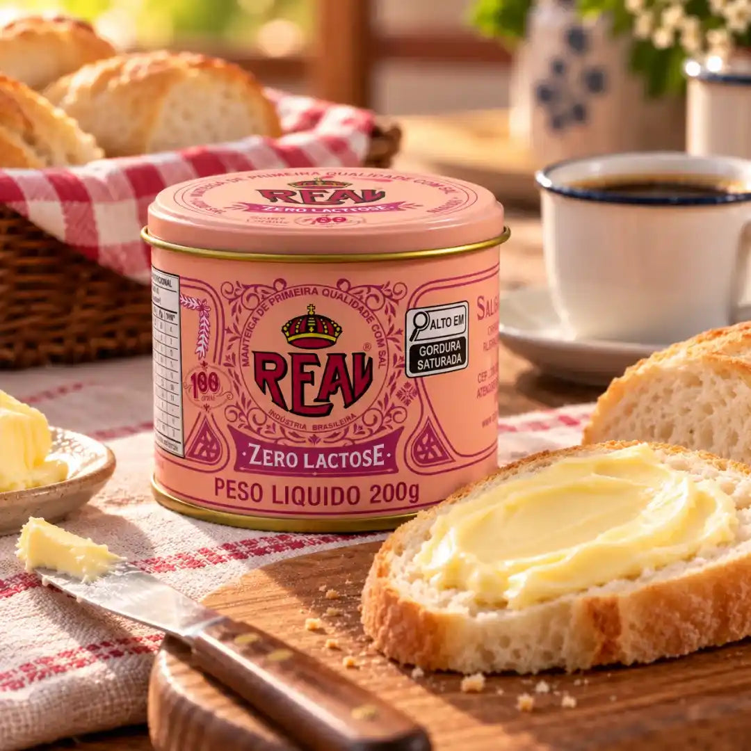 Lata fechada de Manteiga Real Zero Lactose com sal, 200g, sobre toalha xadrez vermelha, com fatia de pão passada com manteiga, faca, cesta de pães e café ao fundo.