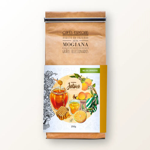 Café especial Mel de Laranjeira da Fazenda Jotacê em embalagem de 250g, com ilustração de mel, laranja madura e notas naturalmente doces, fotografado em fundo neutro.