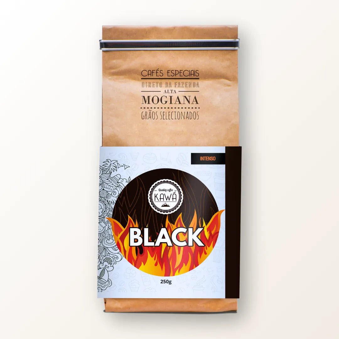 Pacote 250g do Café Especial Kawá Blacki da Fazenda Jotacê, embalagem ilustrada em fundo branco.