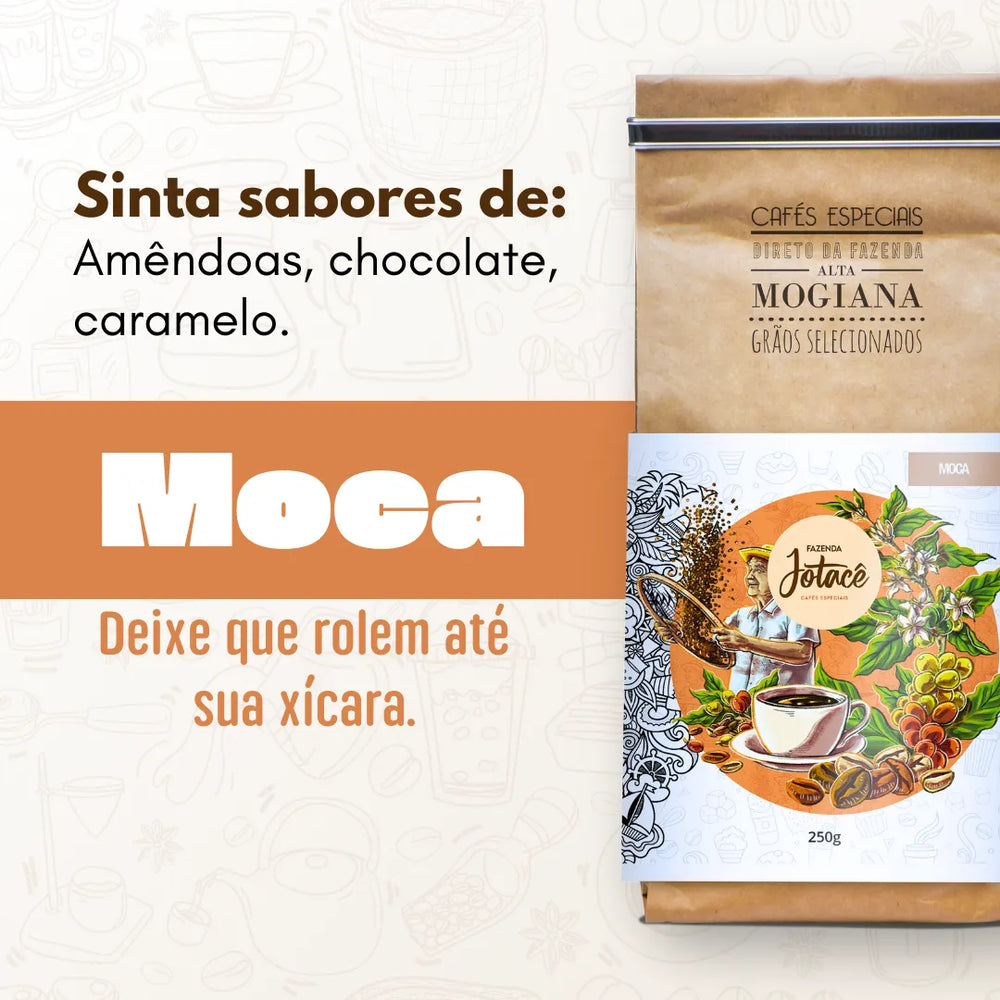 Publicidade do Café Moca da Fazenda Jotacê destacando sabores de amêndoas, chocolate e caramelo.