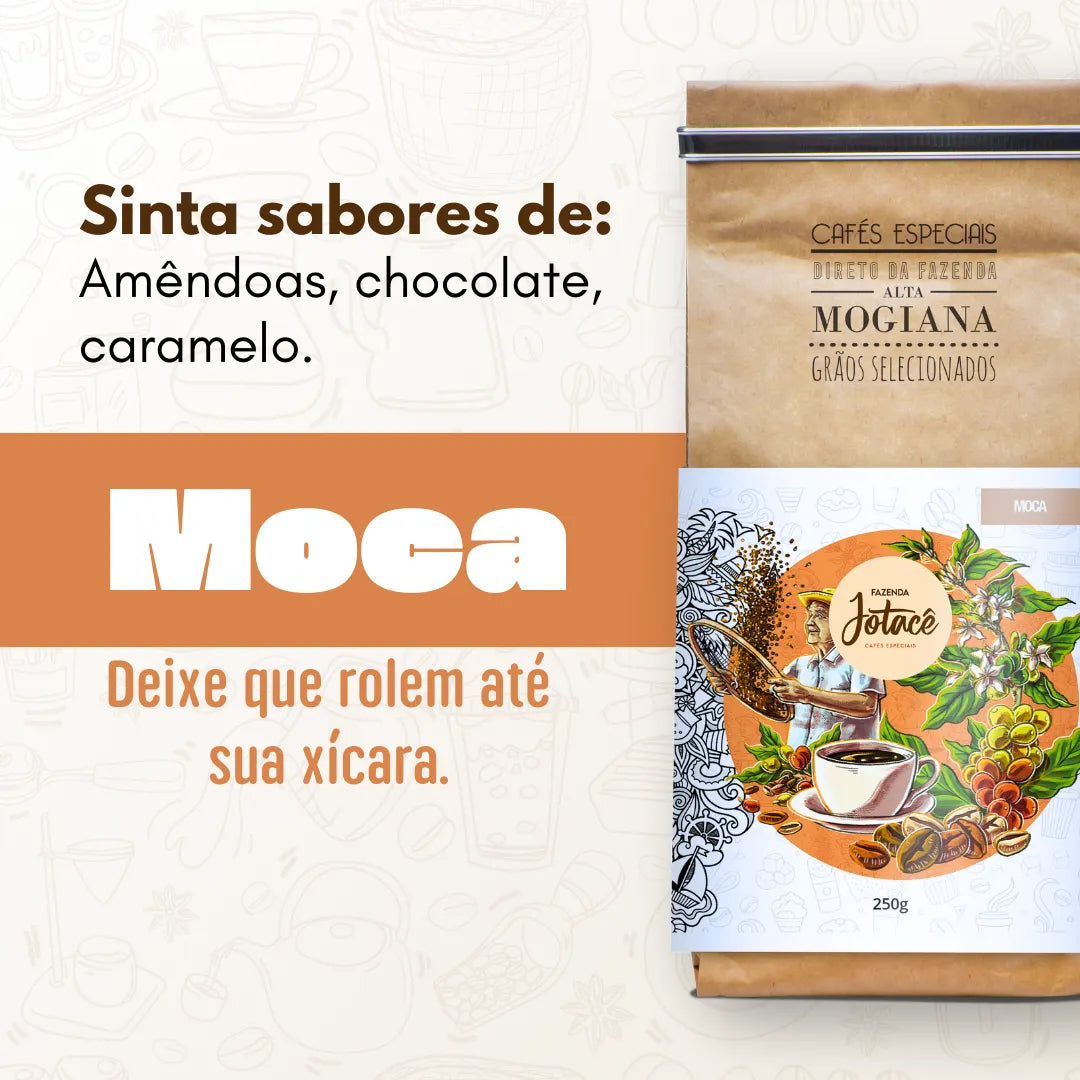 Publicidade do Café Moca destacando sabores de amêndoas, chocolate e caramelo.