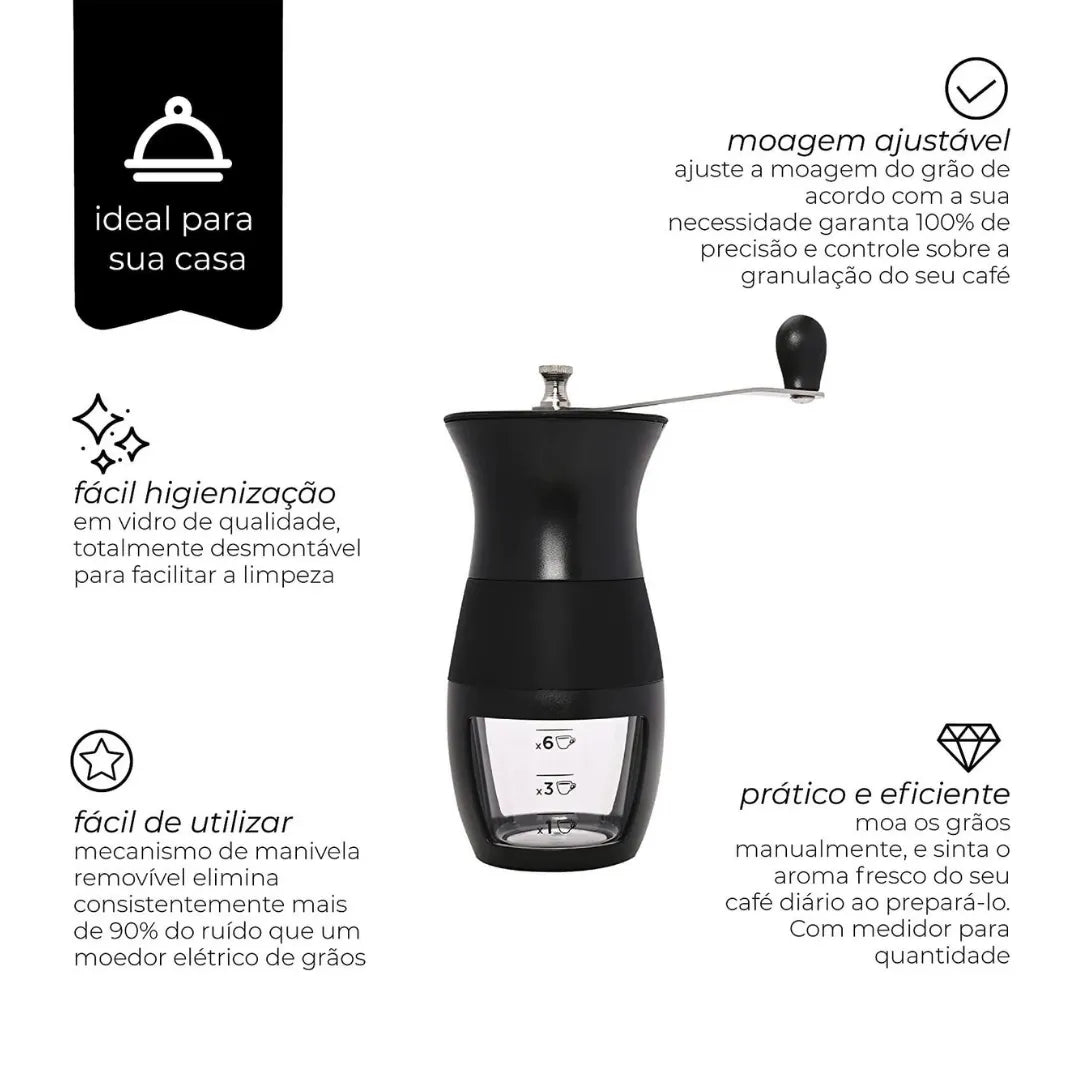 Moedor Manual de café da Mimo Style destacando características de design e uso em fundo branco