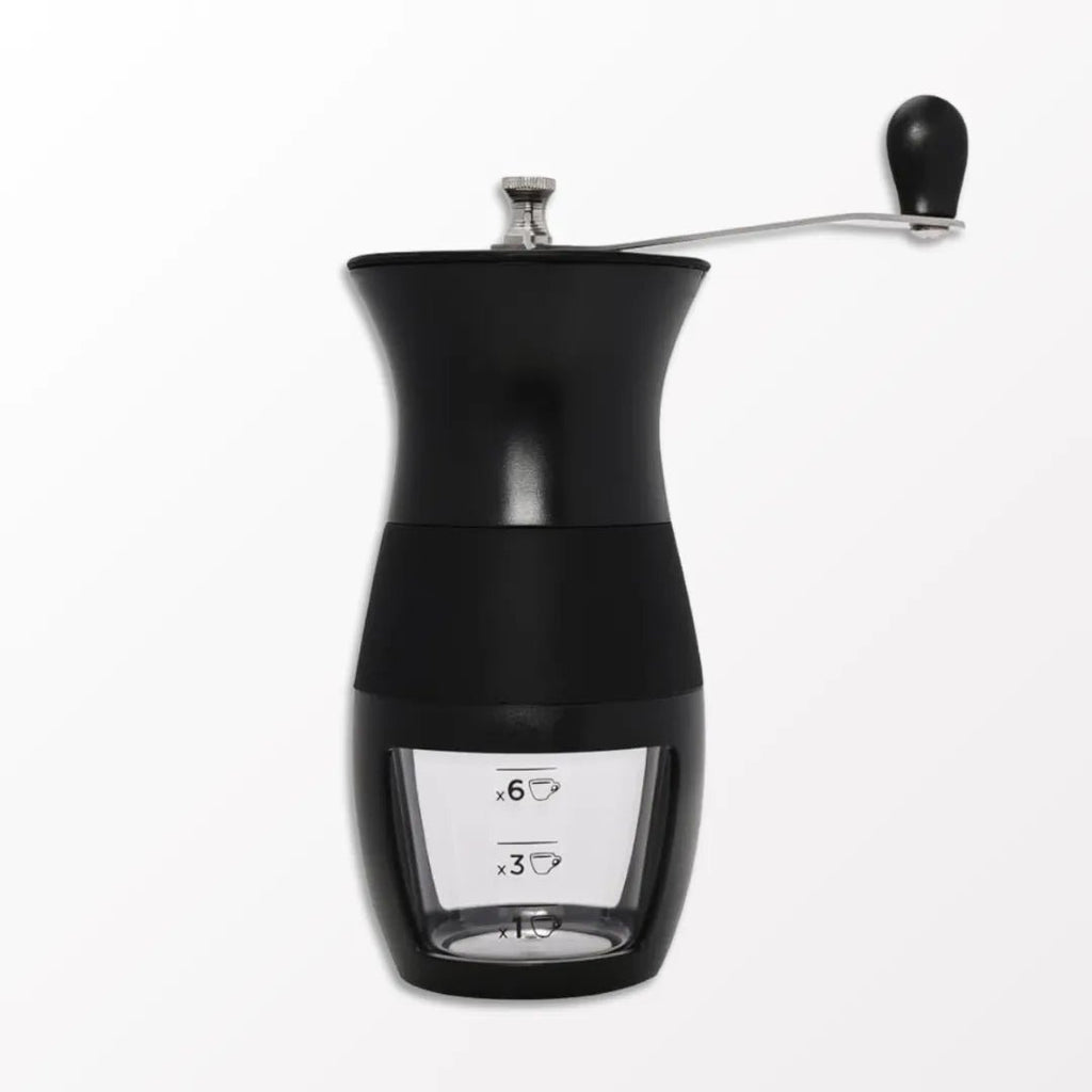 Moedor Manual de Café Black da Mimo Style em fundo neutro e branco.
