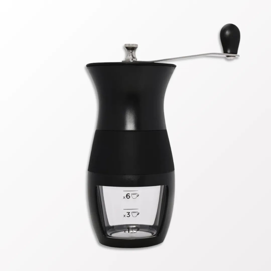 Moedor Manual de Café Black da Mimo Style em fundo neutro e branco.