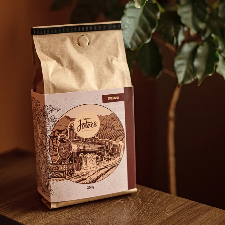 Embalagem do Café Mogiana sobre uma mesa de madeira e ao lado um pé de café pequeno