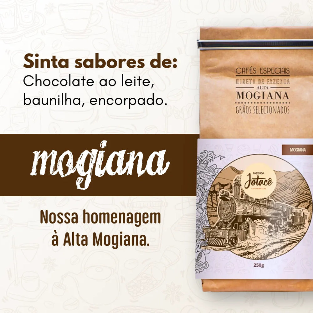 Publicidade do Café Mogiana destacando seus sabores de chocolate ao leite e baunilha