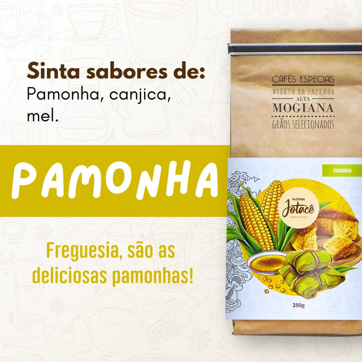 Publicidade do Café Pamonha da Fazenda Jotacê destacando sabores de pamonha, canjica e mel.