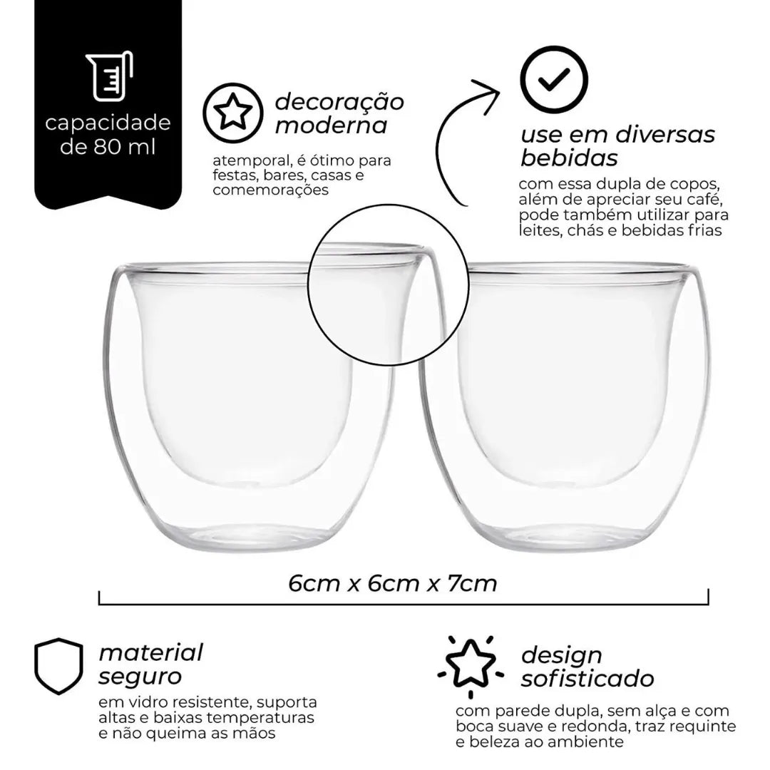 Copo de vidro duplo transparente destacando características de design e uso.