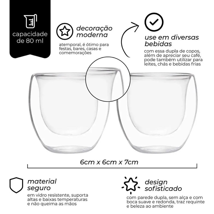Copo de vidro duplo transparente destacando características de design e uso.
