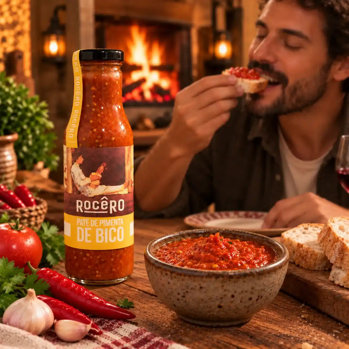 Homem provando uma fatia de pão com Patê de Pimenta de Bico Rocêro, com a garrafa e uma tigela do patê em primeiro plano, tomates, alho e pimentas na mesa e lareira ao fundo.