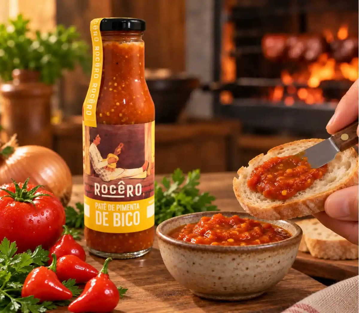 Garrafa de Patê de Pimenta de Bico Rocêro com o rótulo de frente, ao lado de uma tigela do patê e uma fatia de pão sendo passada com o molho por uma faca, com tomate, pimentas biquinho e lareira ao fundo.