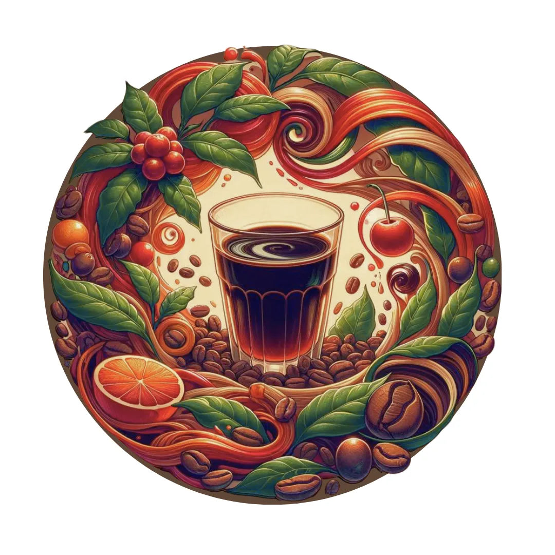 Xícara de café com grãos, folhas de café, e especiarias em uma composição artística circular.
