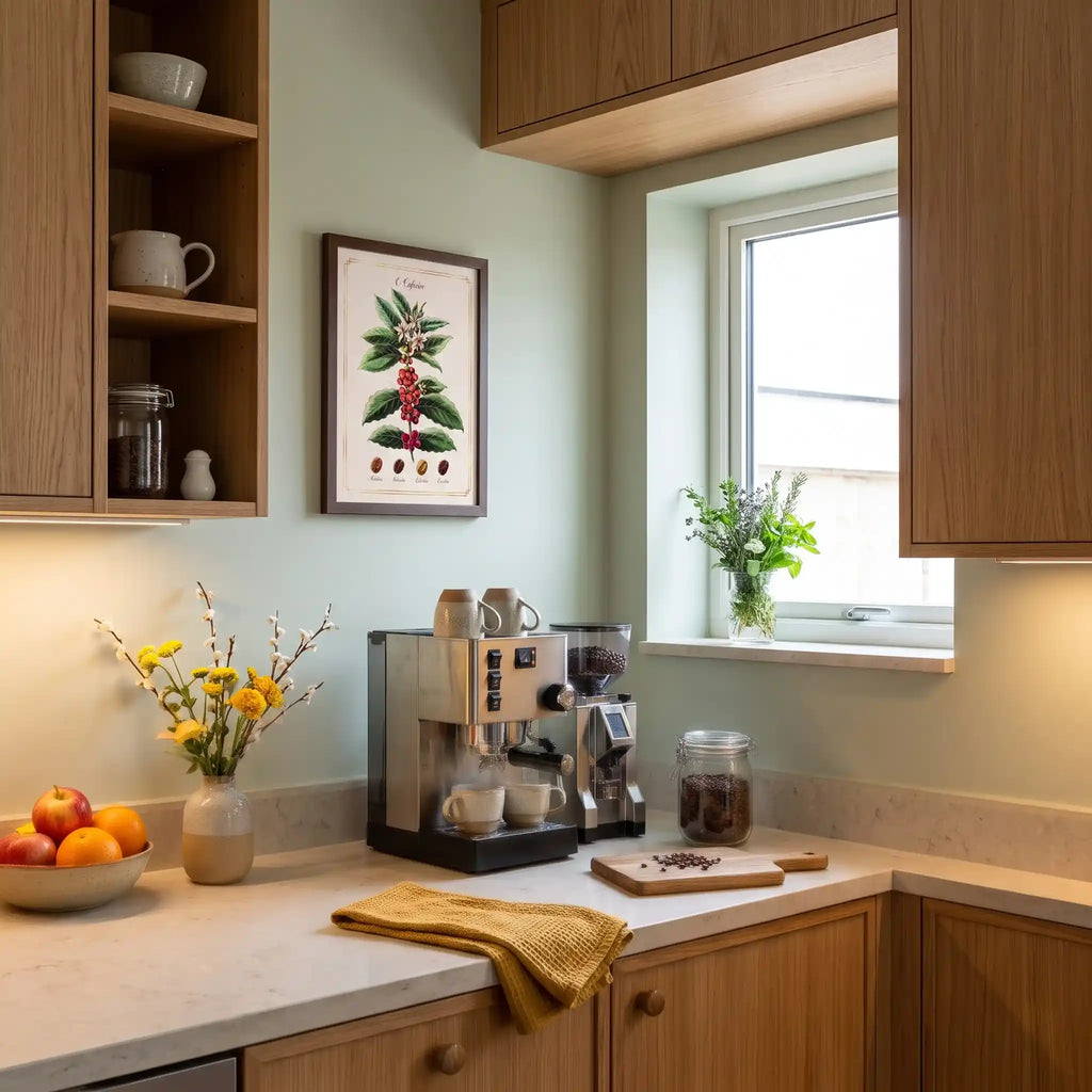 Quadro do cafeeiro na parede verde-clara de um cantinho de café, acima da bancada com máquina de espresso, moedor, potes de grãos, xícaras e vasos de flores.
