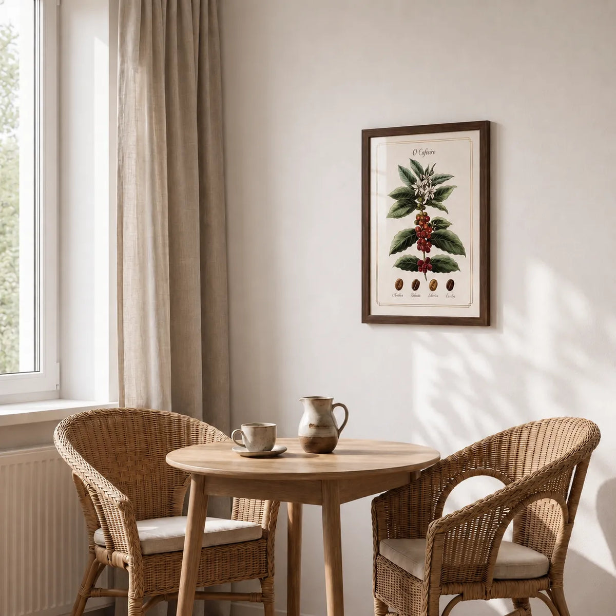 Quadro botânico "O Cafeeiro" na parede de um canto de refeição com mesa redonda de madeira, duas cadeiras de vime, xícara de café e jarra de cerâmica, banhado pela luz da janela.