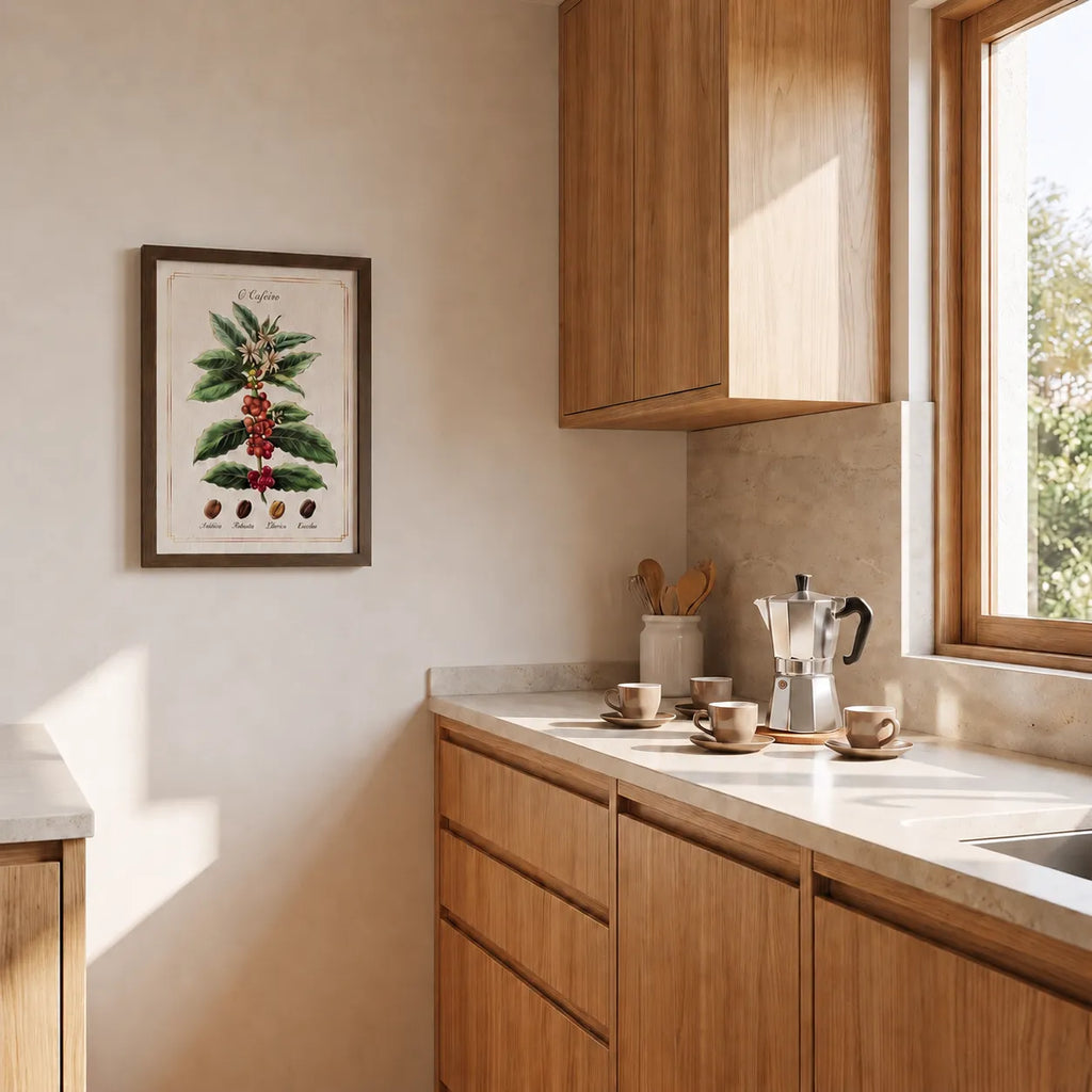 Quadro do pé de café emoldurado na parede de uma cozinha de marcenaria clara, ao lado da bancada com cafeteira italiana, xícaras e pote de utensílios.