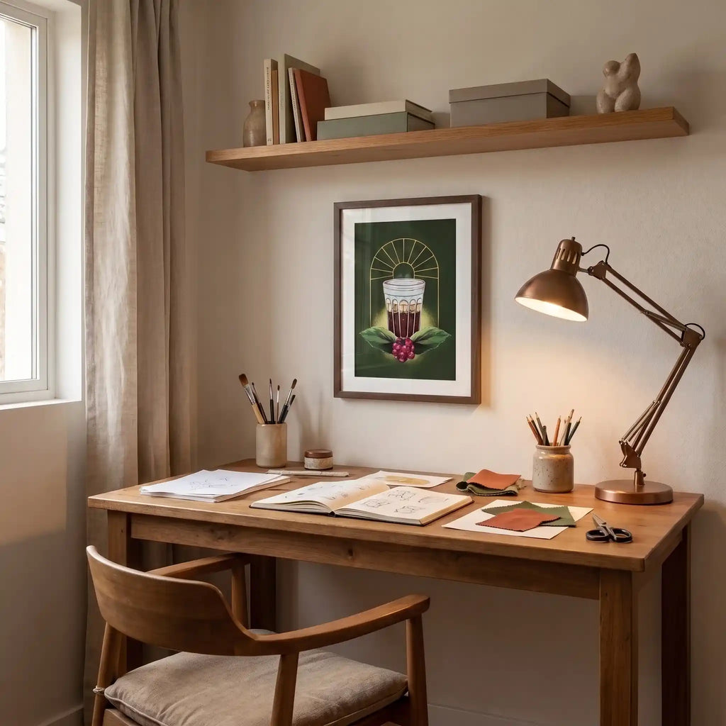 Quadro do copo de café coado com moldura de madeira escura pendurado na parede de um cantinho de trabalho, sobre escrivaninha de madeira com pincéis, caderno de desenho, lápis e luminária de cobre.
