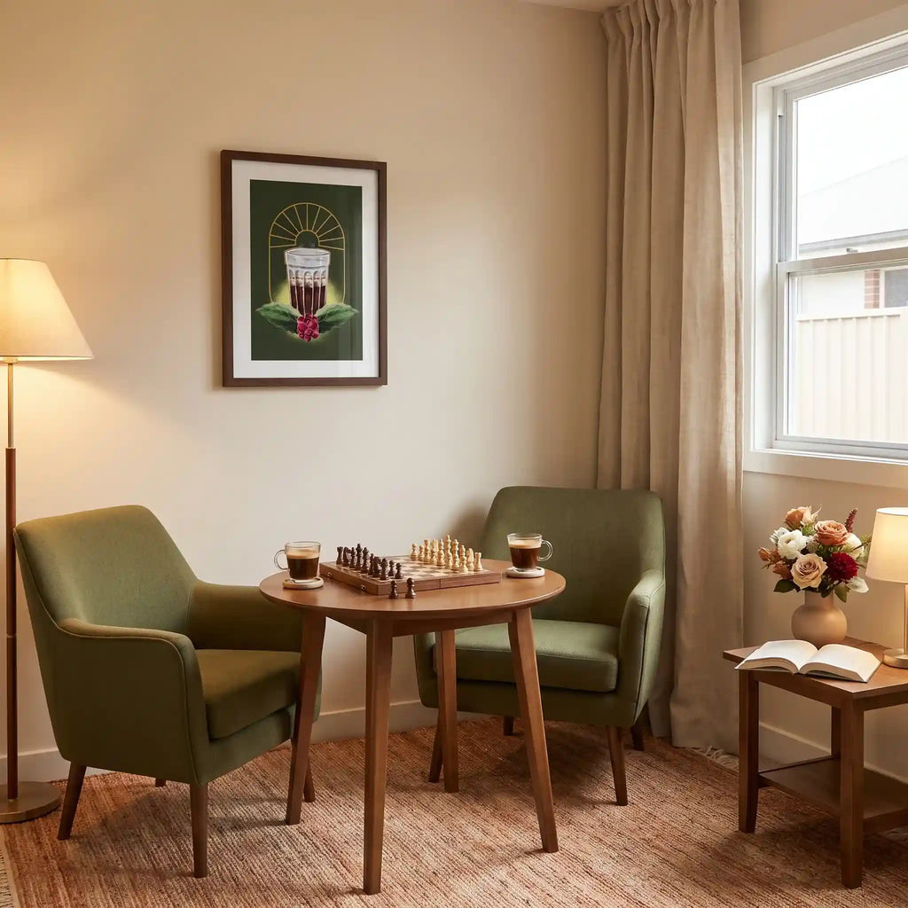 Quadro do café coado com moldura de madeira escura na parede de um cantinho com duas poltronas verdes, mesa redonda com tabuleiro de xadrez e duas xícaras de café, luminária e flores.