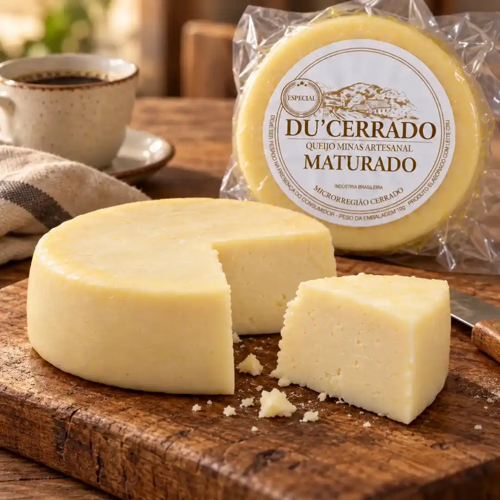 Peça de queijo curado Du'Cerrado embalada a vácuo ao lado de outra peça aberta com uma fatia cortada, xícara de café e faca sobre tábua rústica.