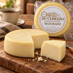 Peça de queijo curado Du'Cerrado embalada a vácuo ao lado de outra peça aberta com uma fatia cortada, xícara de café e faca sobre tábua rústica.